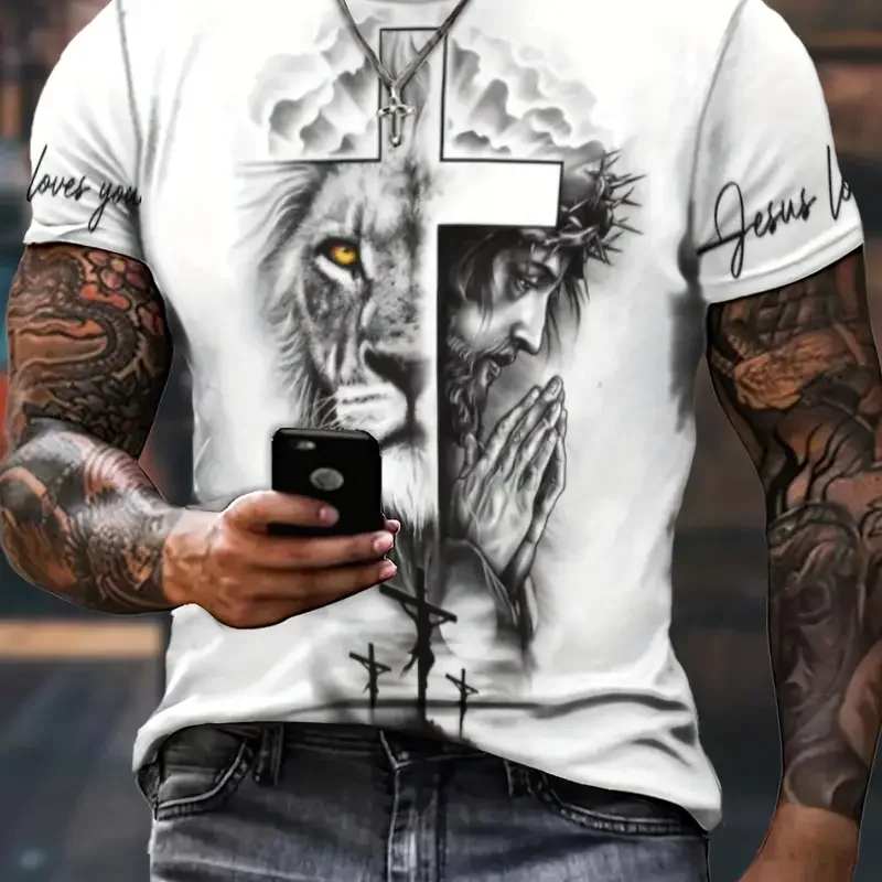 Vintage Men\'s T Shirt JESUS 3D Printed Christian T-Shirts Summer Short Sleeve Tops Casual Streetwear Oversized Tee Men Clothing