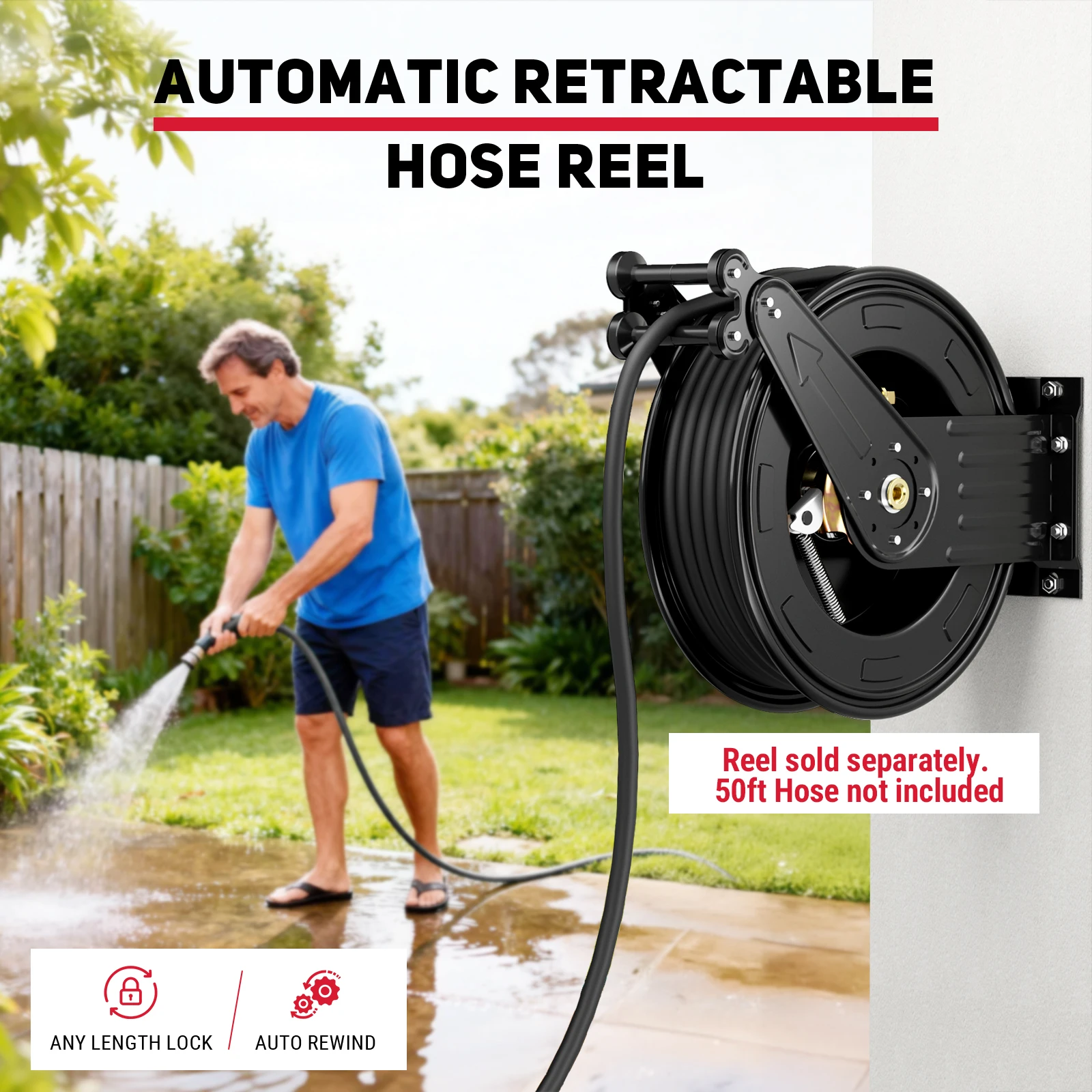 Pressure Washer Hose Reel, 3/8 in x 50 ft Retractable Pressure Washer Reel, Auto Rewind Heavy Duty Steel Power Wash Hose Reel for Air/Oil/Water 4000 PSI