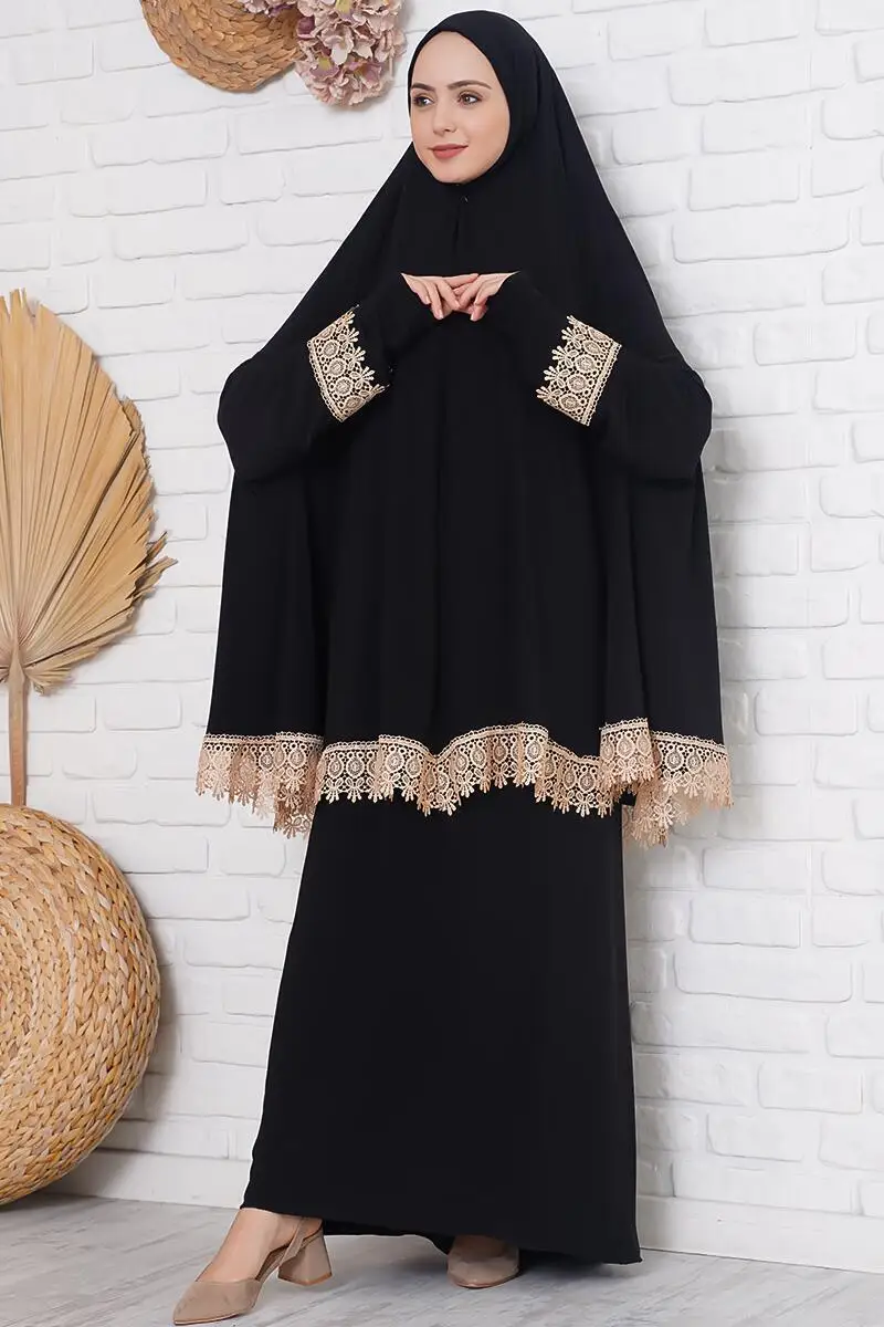 Women Two Piece For Guipure Detailed Prayer Set Abaya Batwing Hijab Dress Muslim Kimono Kaftan Robe Long Khimar Islamic Cloth