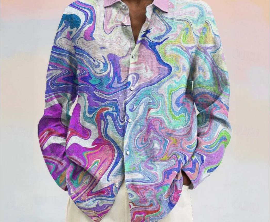 Spring and Autumn Men's Colorful Long sleeved Shirt Button Casual Carnival Daily Wear Carnival Autumn and Winter Polo Printed Bu