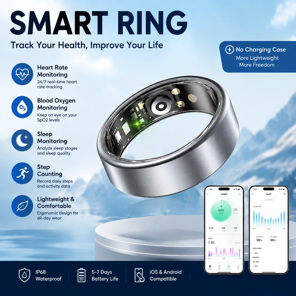 NEW Smart Ring with Charging Case Multi-color Ring Men Women Health Sleep Heart Rate Monitoring IP68 Waterproof Multi-sport Mode