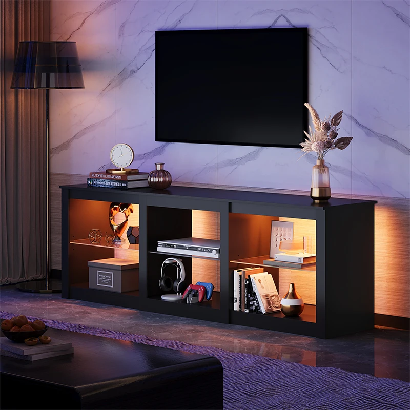 TV Stand for 55/65/75 Inch TV, Modern Entertainment Center with LED Lights & Adjustable Glass Shelves, Sturdy Media Console for Living Room, Bedroom,Gaming (Black)