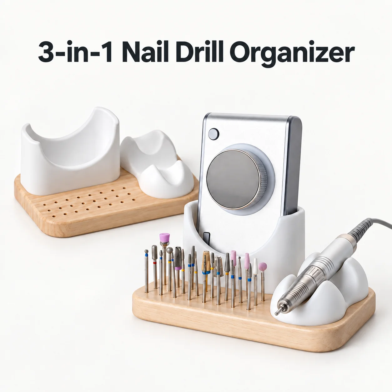 Wooden Nail Drill Stand with Silicone Machine Holder and Handpiece Rest 24-Hole Bit Storage for Home and Salon Manicures