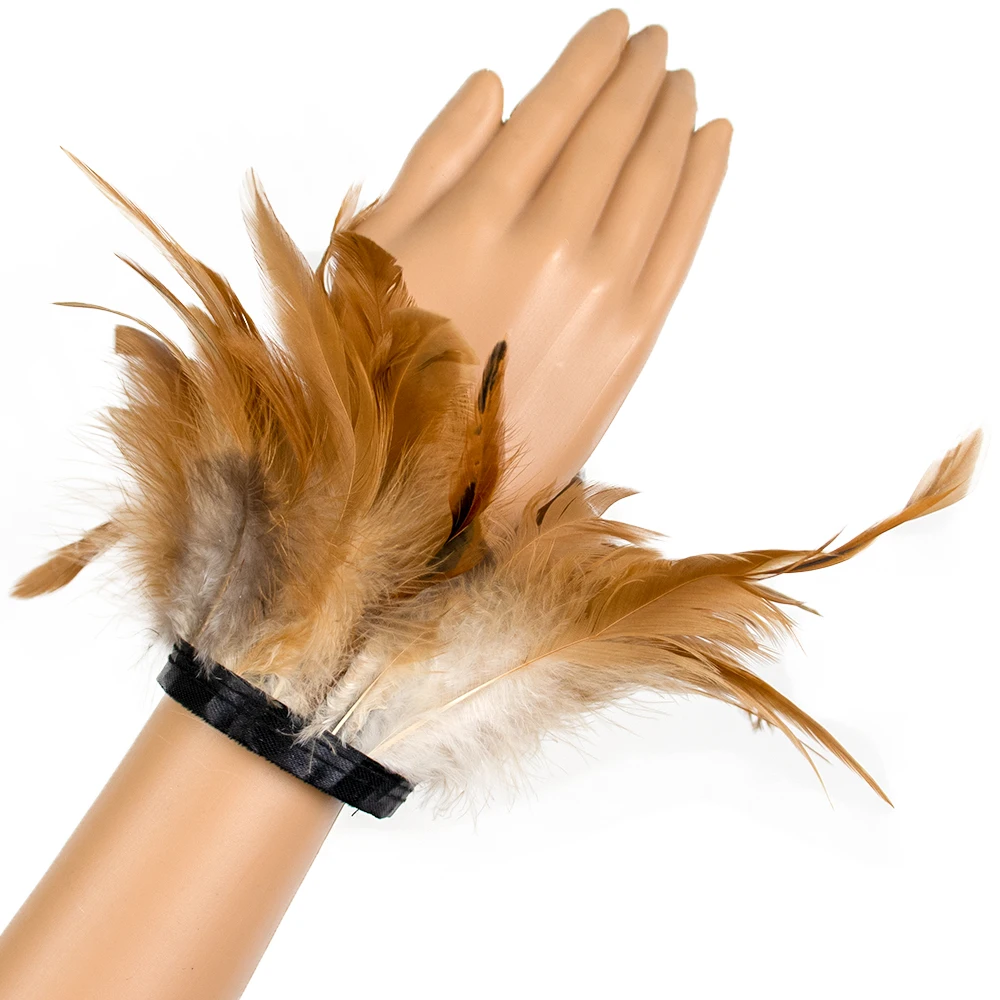 

Natural Color Feather Cuffs Snap on Customized Wrist Sleeve Wristband with Pheasant Feathers Trim For photos Feather wrist cuffs