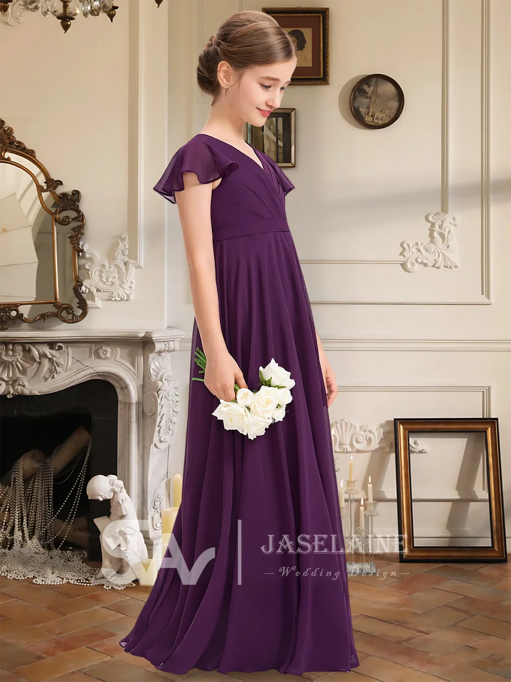 

A Kids Junior Bridesmaid Dress V Neck Chiffon A Line Floor Length Bow Cascading Ruffles Flower Girl Dress Formal Wedding Party