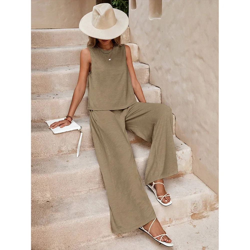 Summer New Women\'s Suit Solid Color Chiffon Sleeveless Top And Pants Set Light Breathable Loose Comfortable Sexy Elegant S-XL