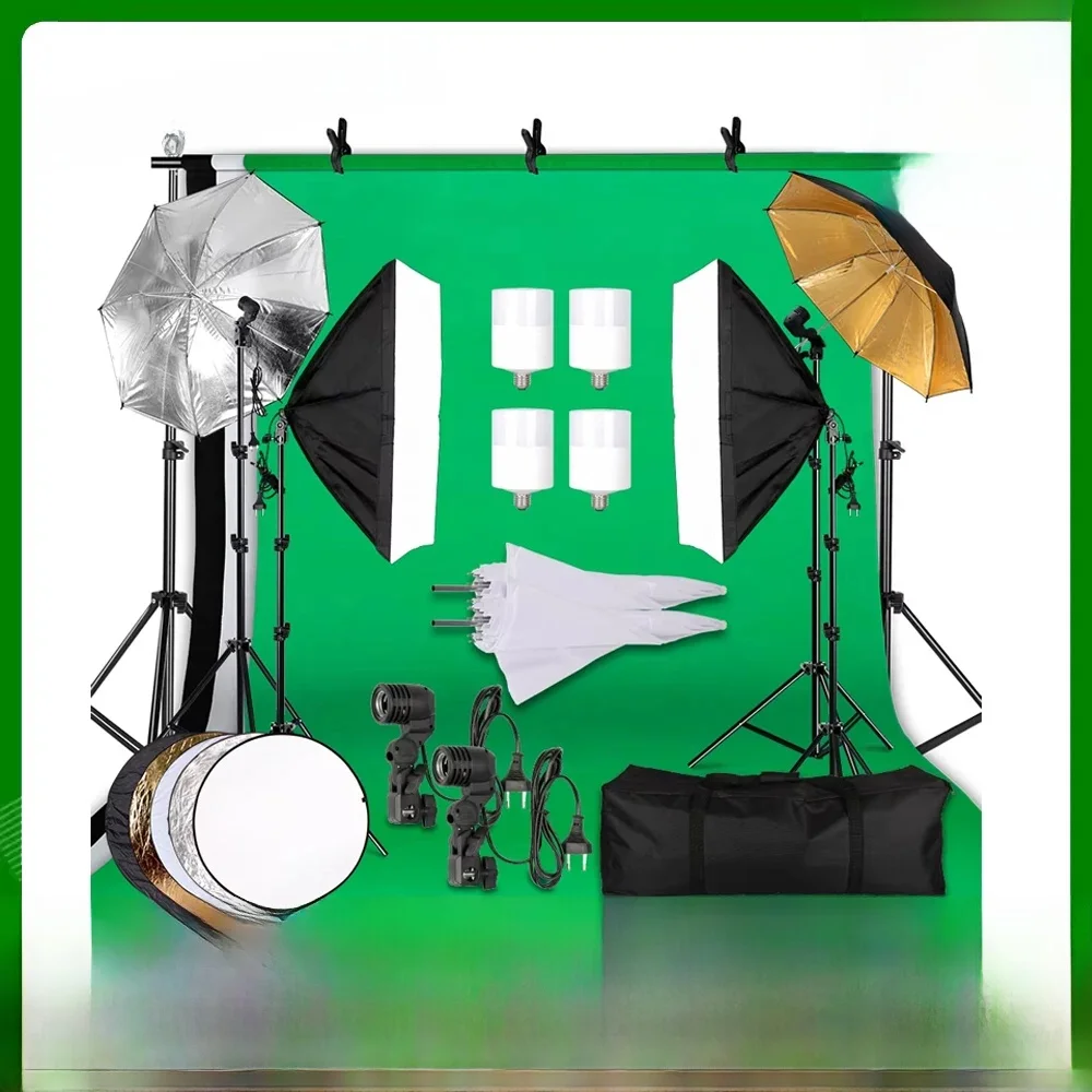 Kit d'éclairage réflecteur photo 2,6x3m, toiles de fond en mousseline, boîte à lumière, parapluie, support d'éclairage pour studio photo