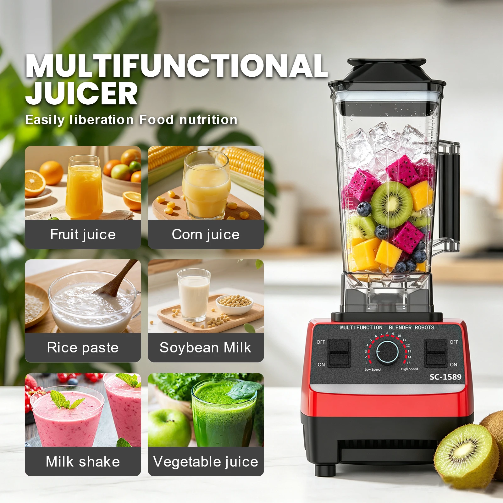 Licuadora y Molinillo Eléctrico 2 en 1 de 2000W, Licuadora Comercial de Alta Resistencia para Cocina, Procesador de Alimentos, Mezclador de Batidos y Hielo para Uso Diario en Cocina y Preparación de Jugos