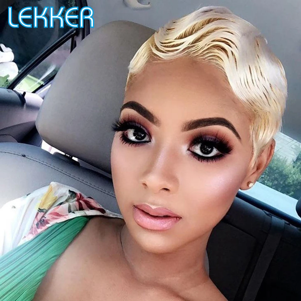 Lekker-Short Pixie Cut Lace Front Perucas de Cabelo Humano para Mulheres, Cabelo Remy Brasileiro Glueless, Perucas Coloridas Bob, Corte Curto, 13x6x1