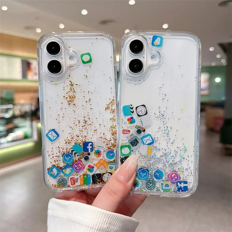 Etui na telefon z brokatem i ikoną aplikacji INS Apple do iPhone 17 16 15 14 13 12 11 Pro Max Plus, płynny piasek, błyszczące cekiny, tylna obudowa — zdjęcie produktu 7