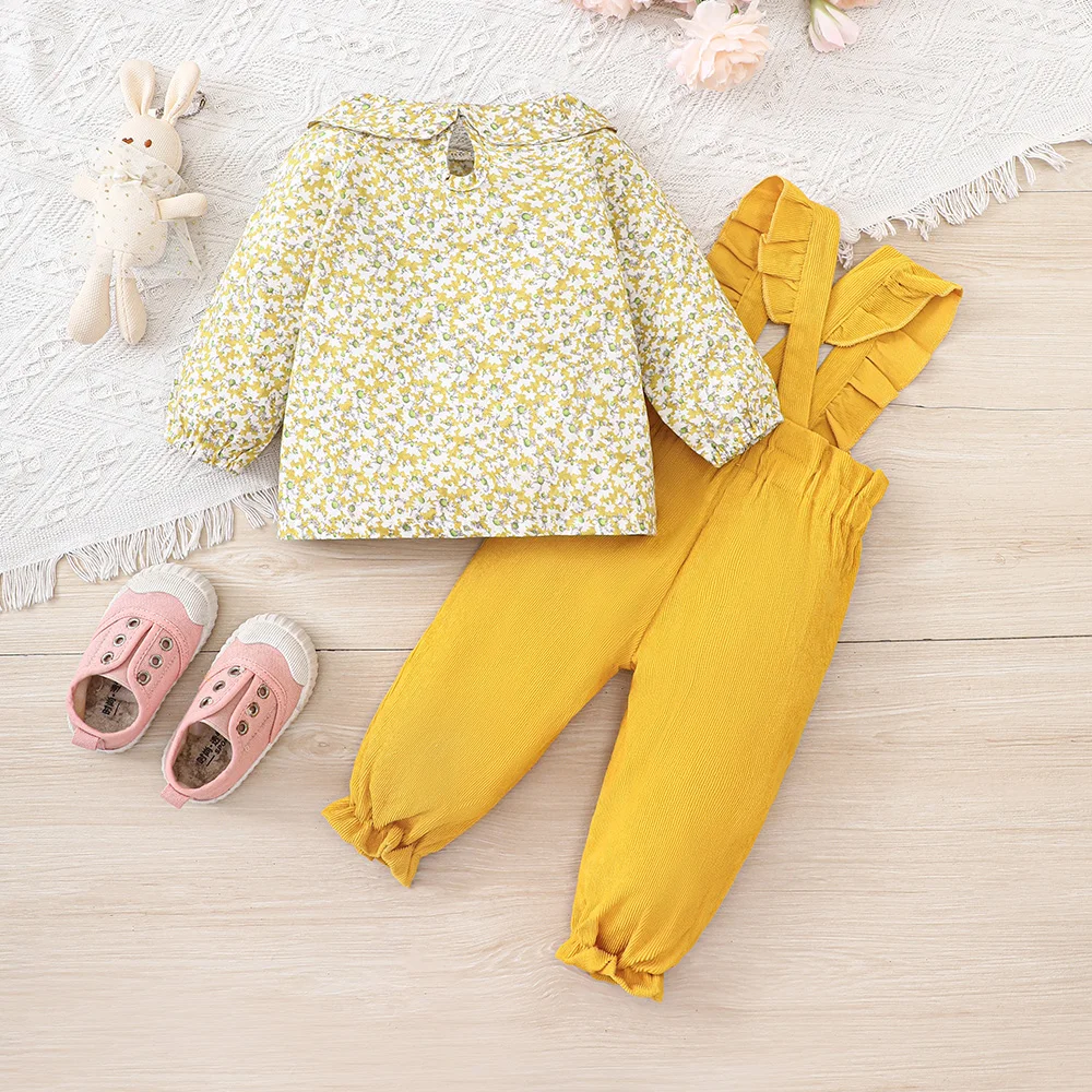 Yellow Baby Dungaree Set Toddler Baby Girl Kids Ruffles Tops + Overalls Pants Autumn Outfits