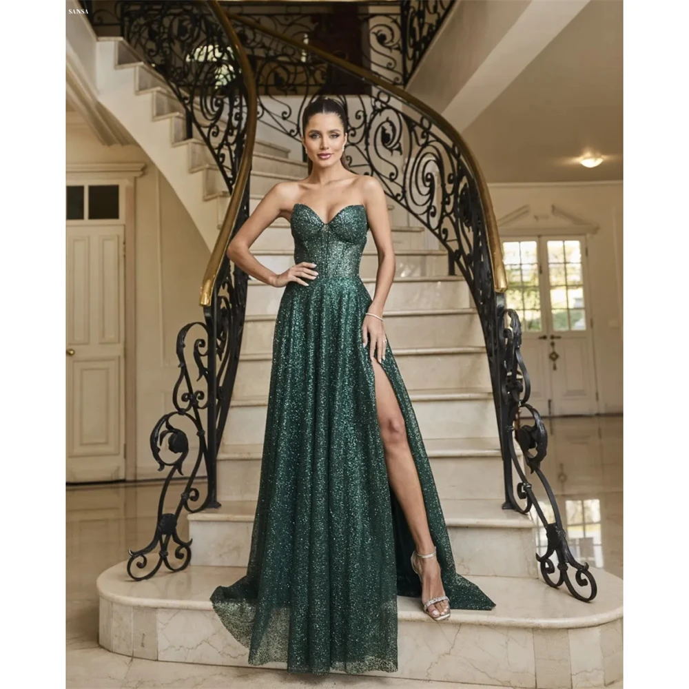 Sansa Personalizzato Verde Smeraldo Lato Split A-line Corsetto Abito da ballo Senza maniche Abiti da Noche Pavimento-Lunghezza Serata Formale 2025