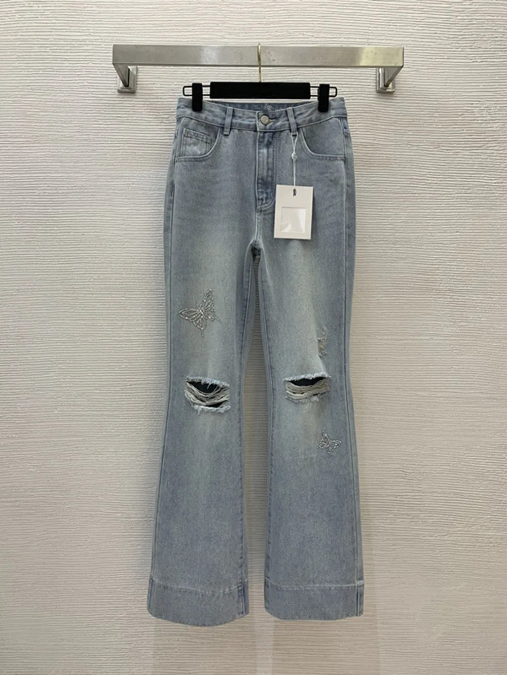 

Women's new washed denim fabric, fashionable and personalized double knee hole design, slim fit, lifted buttocks and slim leg je