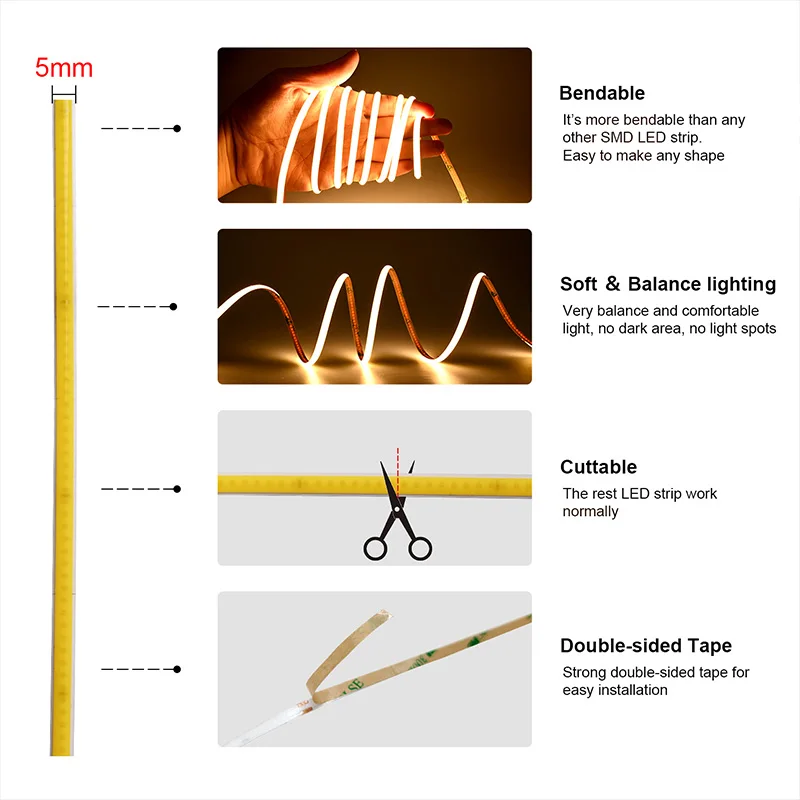 Tira de luces LED COB de 5mm, 384LED/m, cinta Flexible regulable de alta densidad, iluminación de decoración RA90 DC12V/24V, 3000K, 4000K, 6500K, 5m