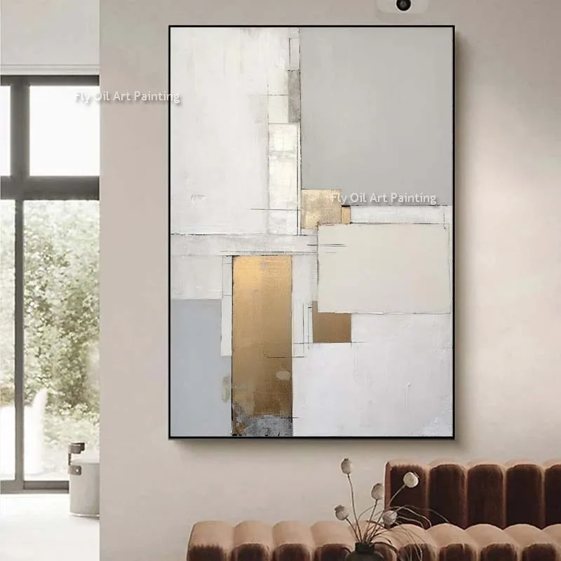 

Large Beige Abstract Oil Painting Gold Minimalist Handmade White Textured Original Canvas Wall Art Modern Gray Canvas Art Decor