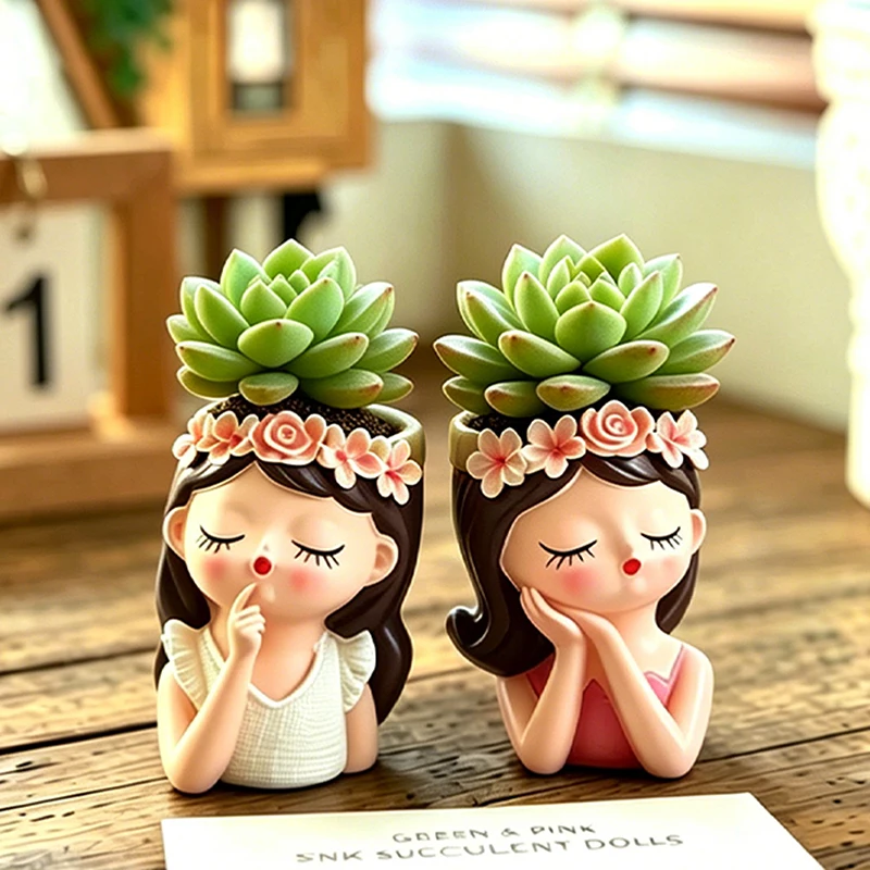 Cute Flower‑Crowned Girl Resin Succulent Planter Closed‑Eye Lady Head Plant Pot for Home Desktop Bedroom Balcony Tabletop Decor