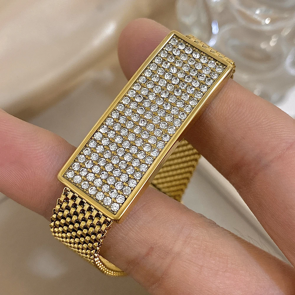 

Waterproof Stainless Steel Bangle Big Square Rhinestone Strap Chain Wide Bracelet for Women Men Hand Charm Bracelet Jewelry Gift
