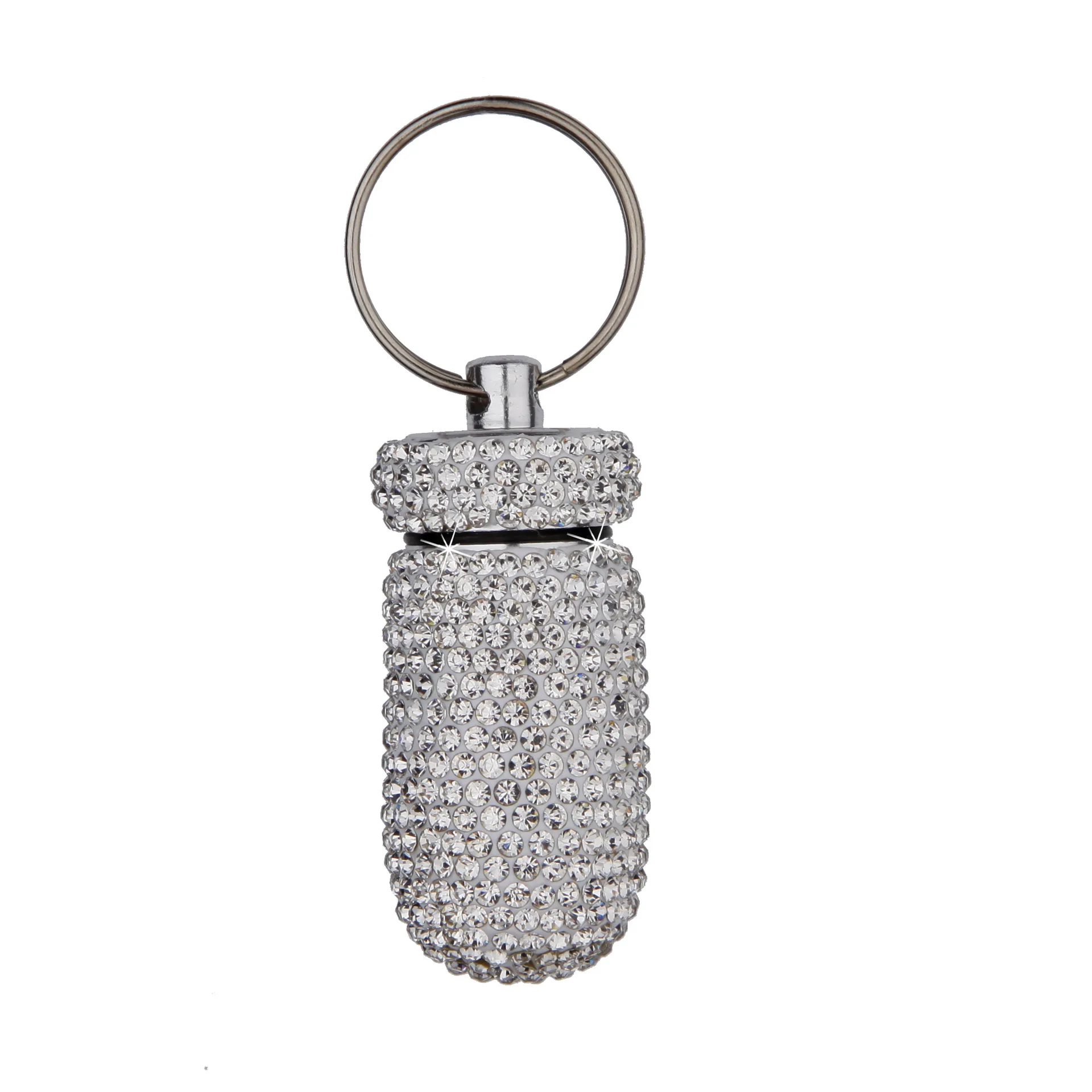 Mini Bling Diamond Pill Case Medicine Storage Box Organizer Bottle with Keyring Portable Metal Rhinestone Pill Box for Travel