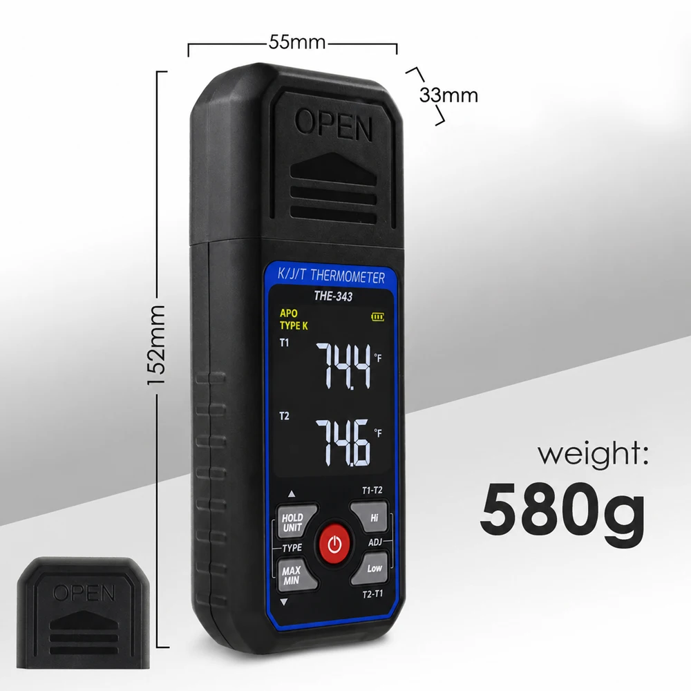 Digital K/J/T Type Digital Temperature Measurement T1-T2 Thermocouple Thermometer W/ Backlight and Temperature Compensation