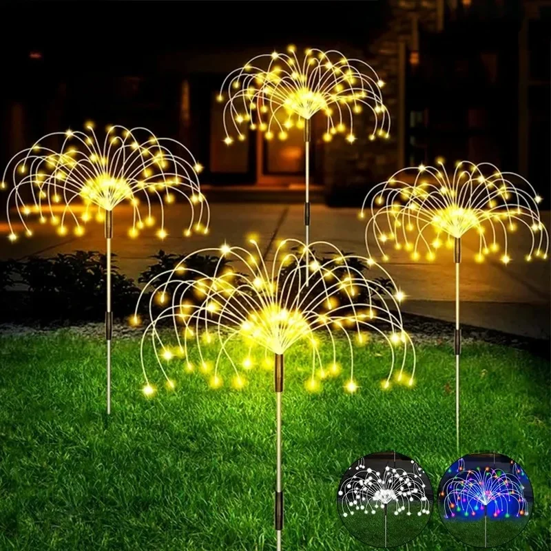 1/2/4PCS Solar Firework Light Waterproof Outdoor 8 Lighting Modes 90-200LED Fairy String Light Christmas 3 Colors Garden Lights