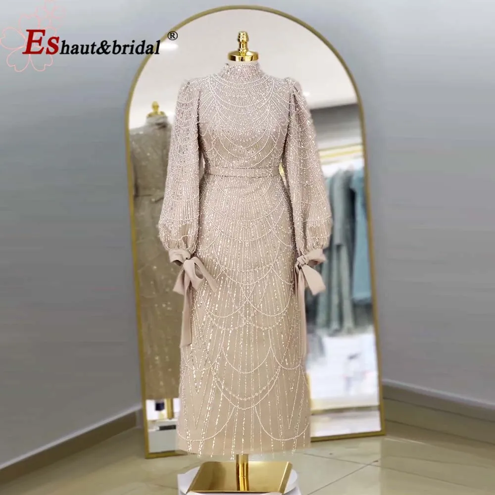 Elegant Muslim High Neck Pearls Evening Dress for Women 2024 Long Sleeves Ankle Length Formal Prom Wedding Party Gown Customized