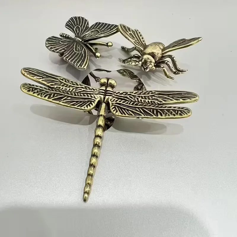 3pcs Insect Figurine HandPainted-Like Antique Brass Dragonfly Bee Butterfly Decor Home Decoration Durable Micro Landscape Accent