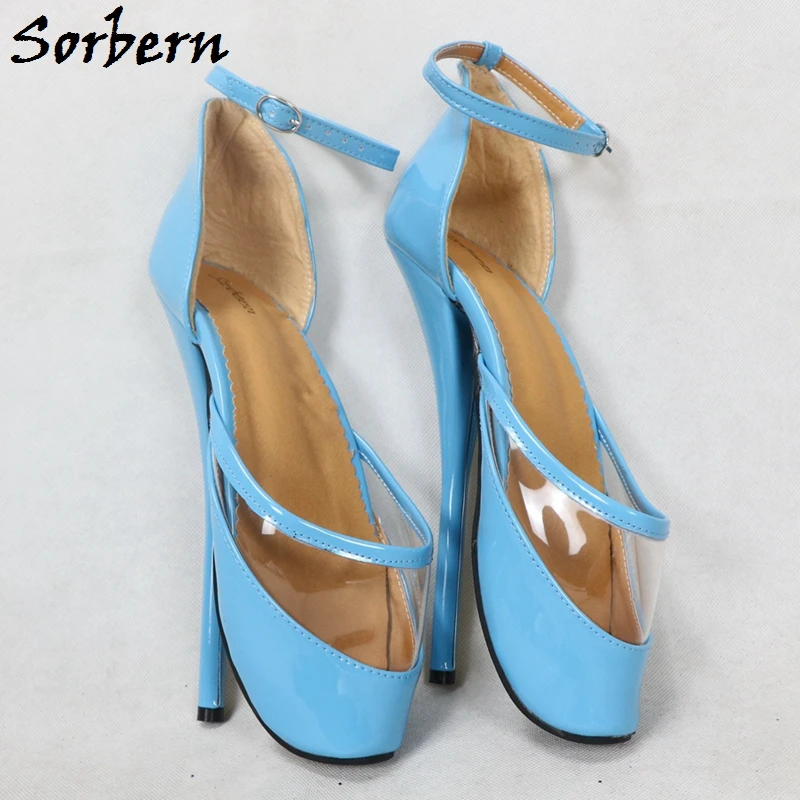 Sorbern Sexy Fetish Shoes Ballet Heel Shoes Stilettos Ankle Strap Transparent PVC No Heels Women 18cm High Heels Custom Color