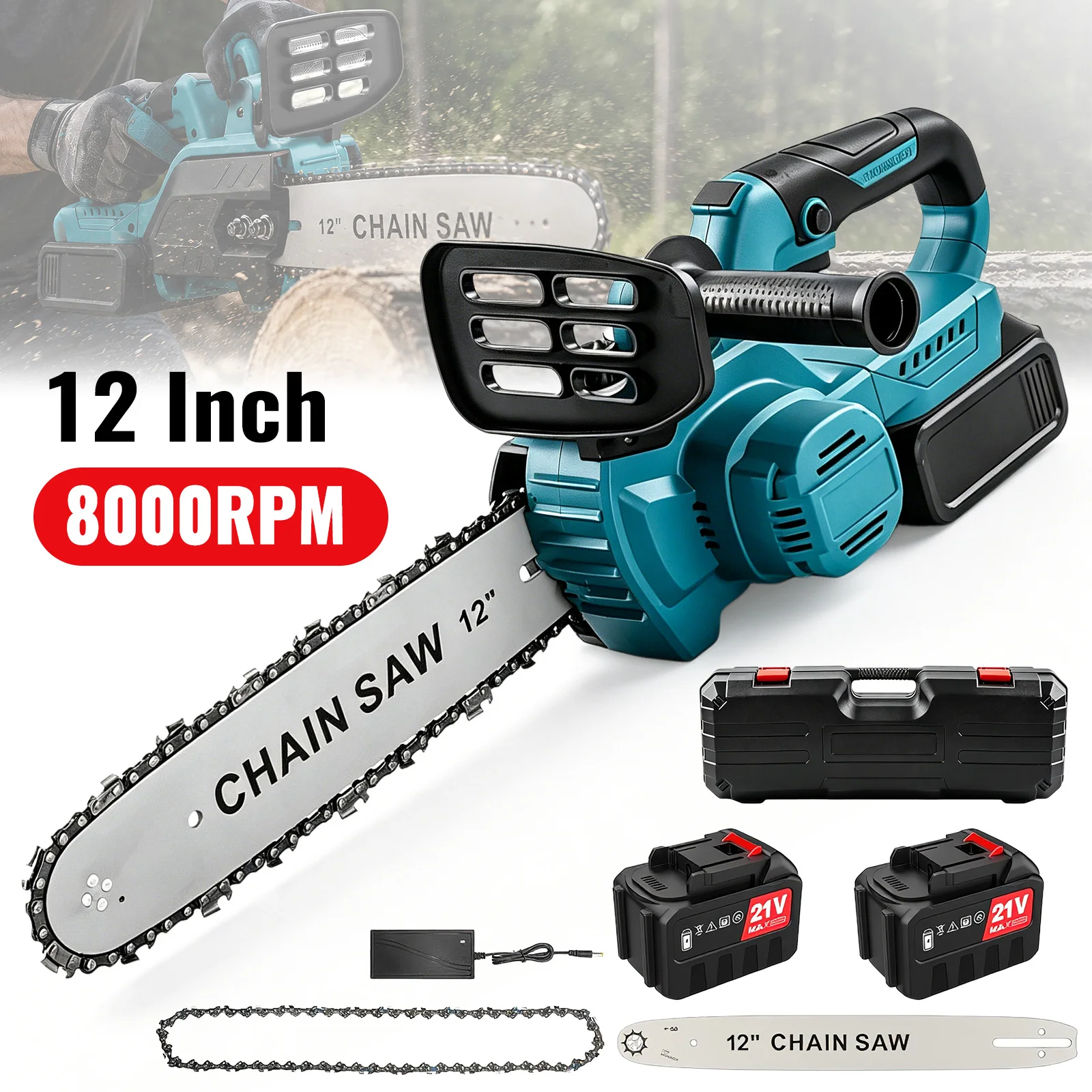 12 Zoll 1500W 8000 U/min Kabellose Bürstenlose Holzschneidekettensäge mit Lithium-Akku Ideal für Waldreinigung, Holzfällen und Astschneiden