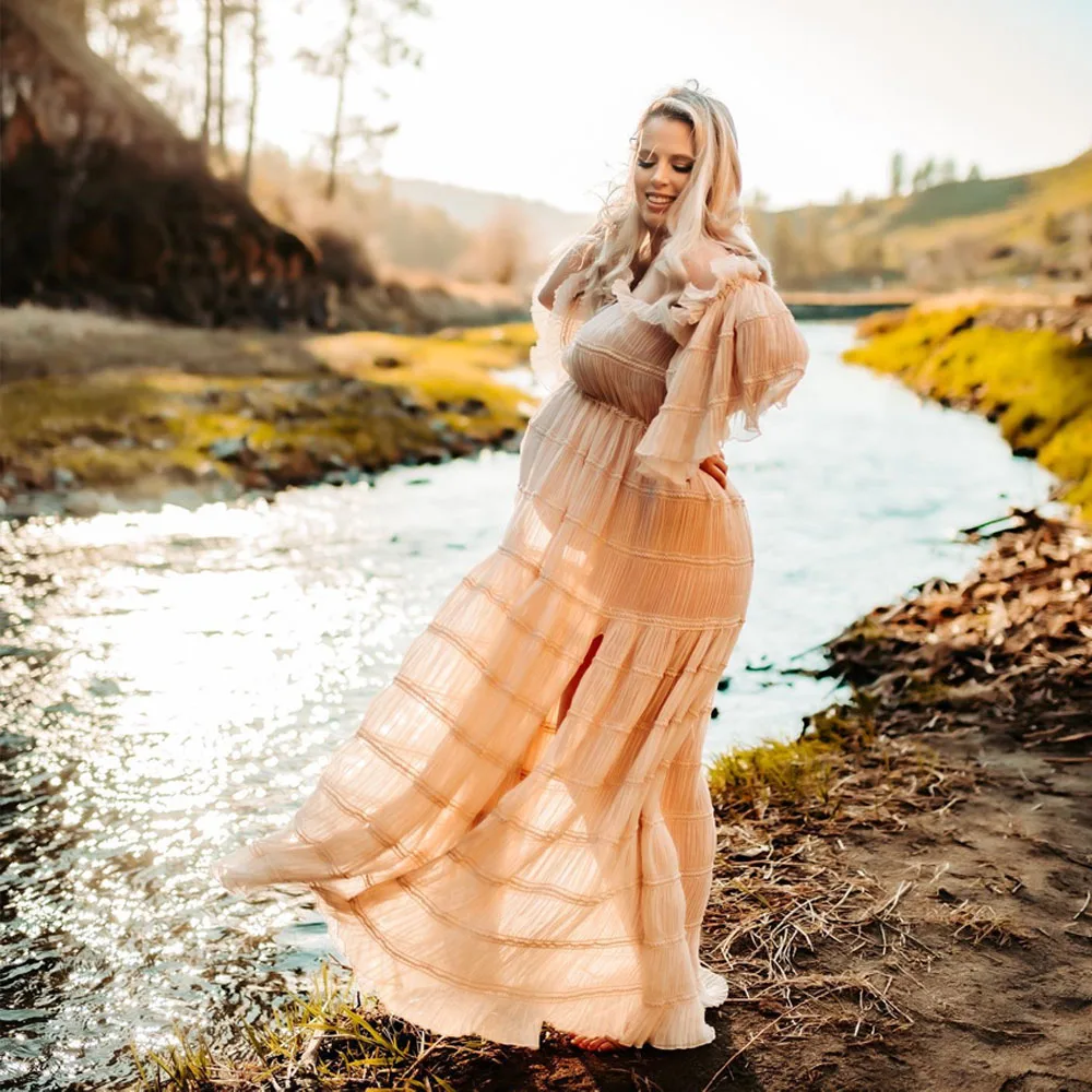 Vestidos de fotografía de maternidad para mujeres embarazadas, vestido de encaje Sexy, manga de hoja de loto, vestido de fotografía para sesión de