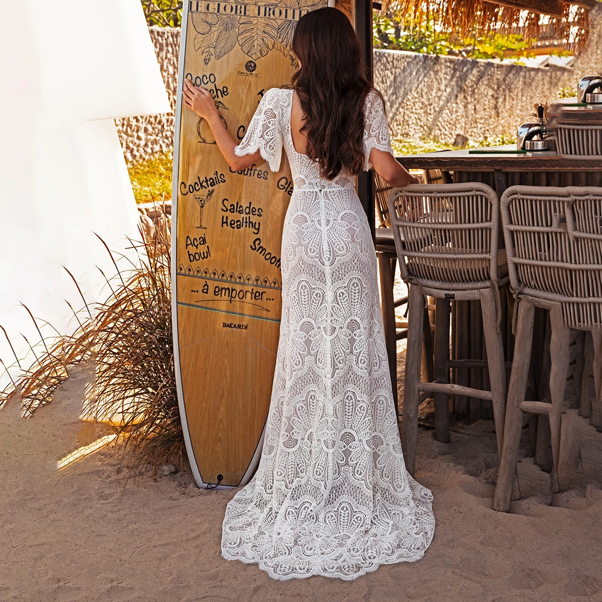 Vestido de novia de encaje con cuello cuadrado para mujer, fotos reales, bohemio, playa, tren de barrido, espalda baja, hecho a medida, n. ° 12359