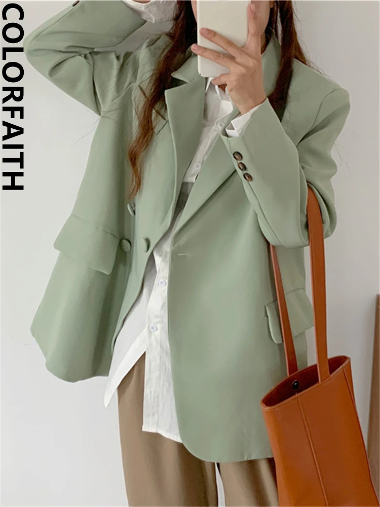 Colorfaith New 2022 Pockets Jackets Fashionable Vintage Oversized Wild Office Lady Autumn Winter Women's Blazers Tops JK20165