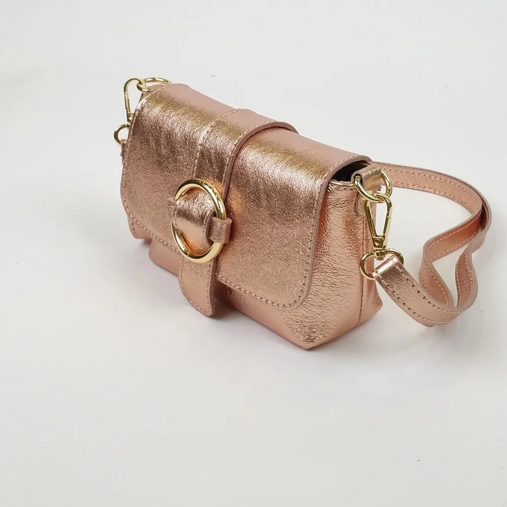 Bolso pequeño de cuero con diseño iridiscente.