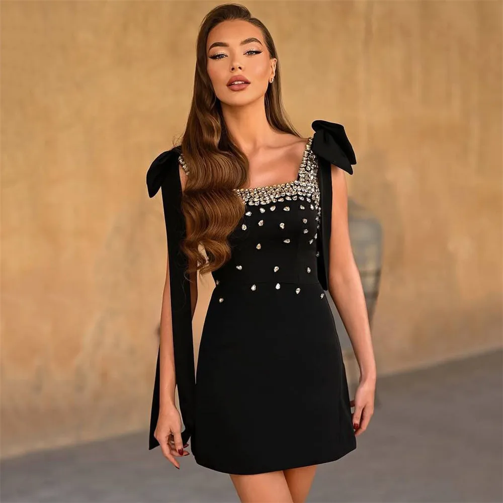 

2025 Summer women new black sexy diamonds spaghetti straps slim mini bandage dress sexy backless party dress