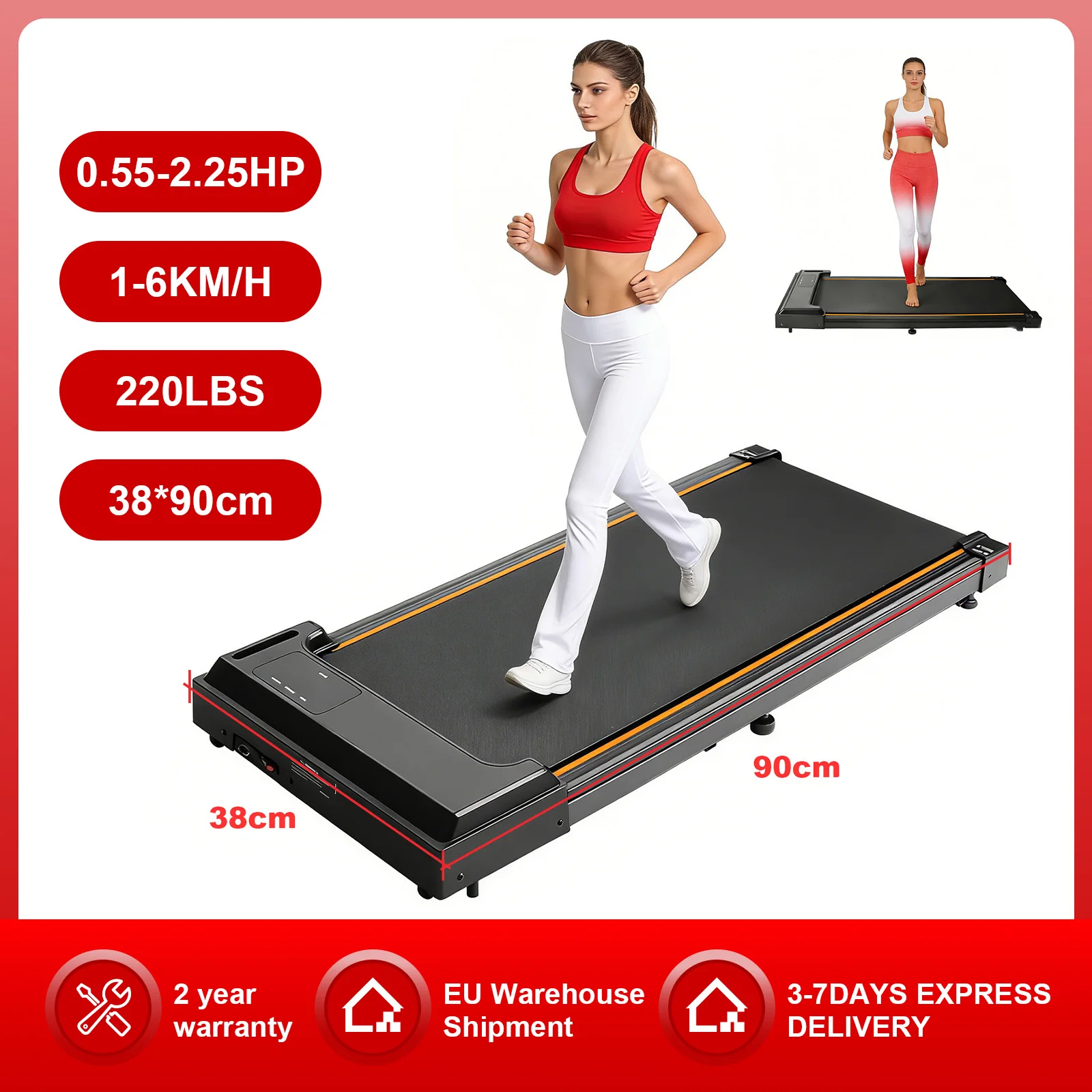 Tapis roulant piatto con motore Oakeroo OPBJ2 da 2,25 HP Portata di velocità 1-6 km/h Antiscivolo Assorbimento degli urti Tapis roulant domestico Design senza corrimano