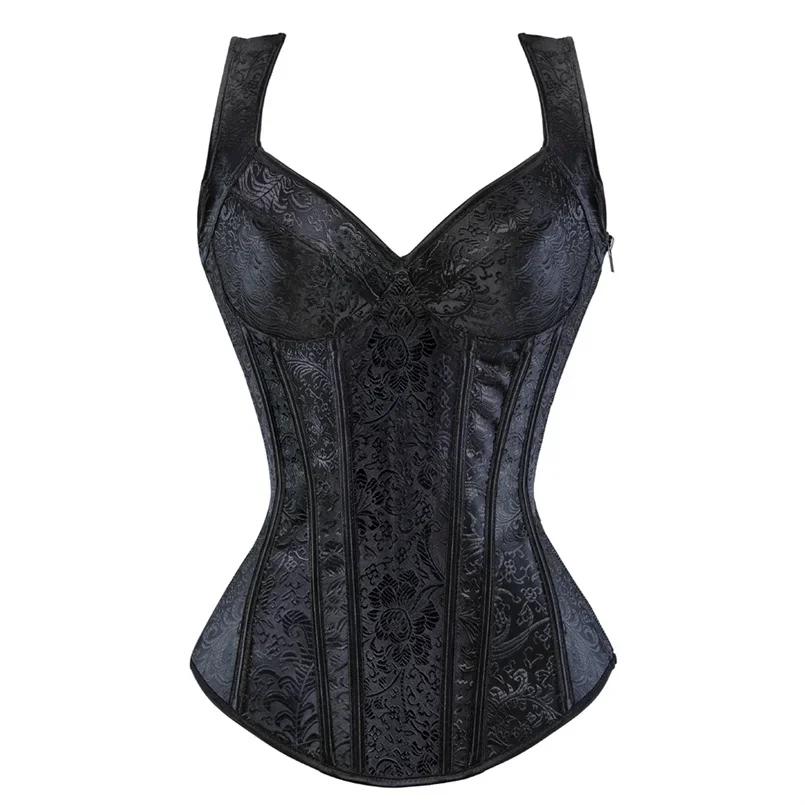 Damen-Korsett mit Trägern, schwarzes Vollbrustkorsett, Übergröße, florales Jacquard-Korsett, Reißverschluss-Top, Gothic-Steampunk-Korsett, Bustier