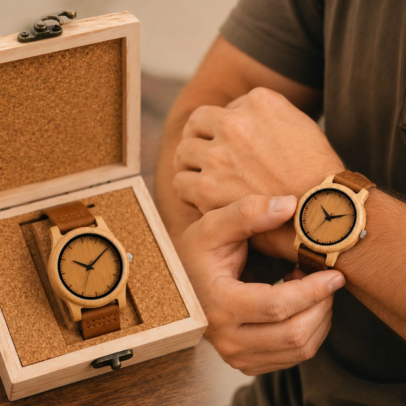 High Quality Watch Bamboo Case Men Women Wristwatch Quartz Movement Fashion Brown Genuine Leather Wristband Couple Gift For her/his