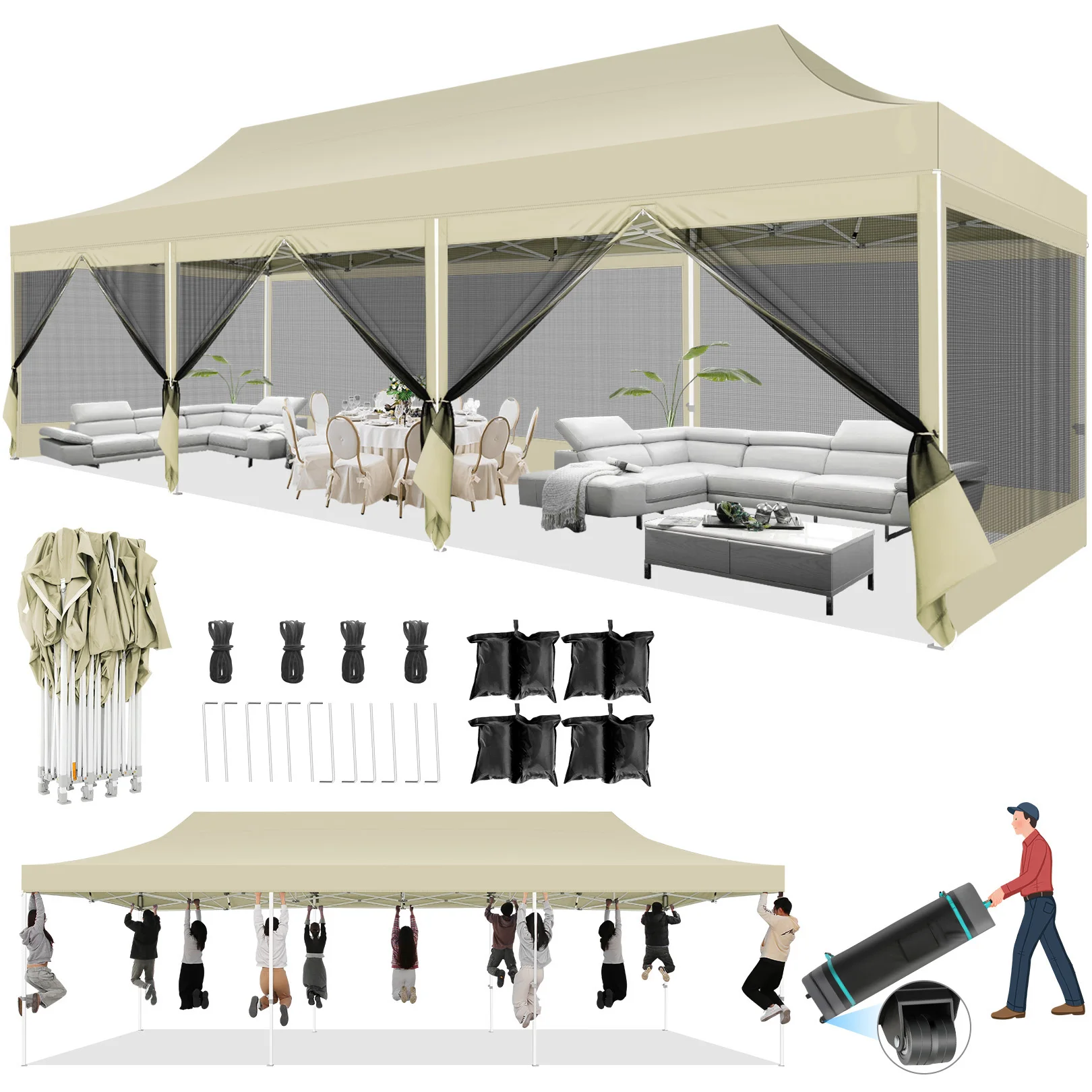 10x30FT Canopy Tent with 8 Sidewalls,Heavy Duty Pop up Canopy Party Tent with Mosquito Netting,Easy up Screen Canopy for Parties