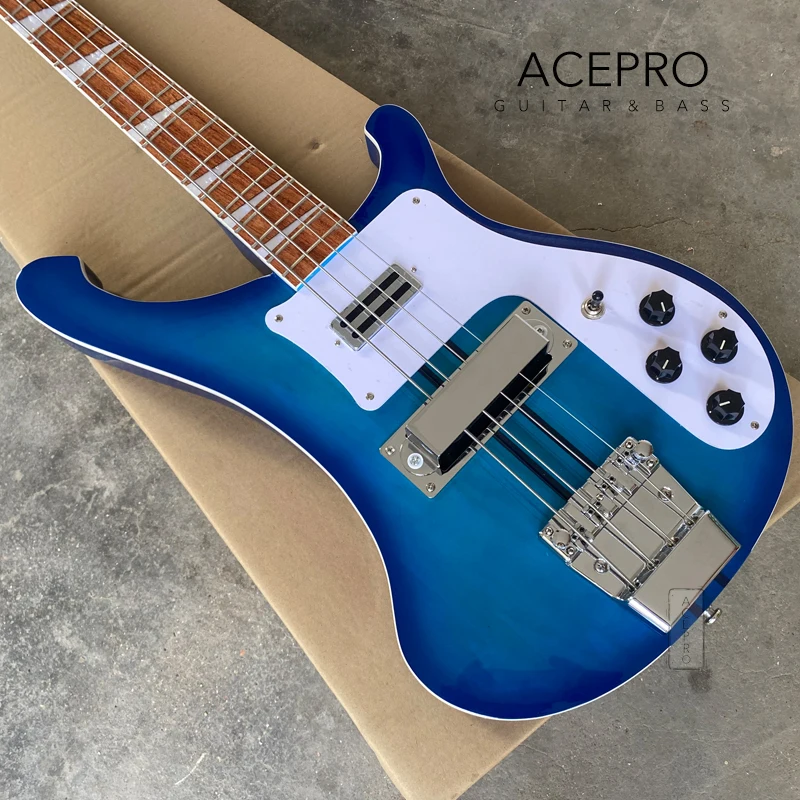 5-piece Neck Thru Body Blue Burst Electric Bass Guitar with Adjustable Bridge, White Binding, 4 String Bass Guitarra