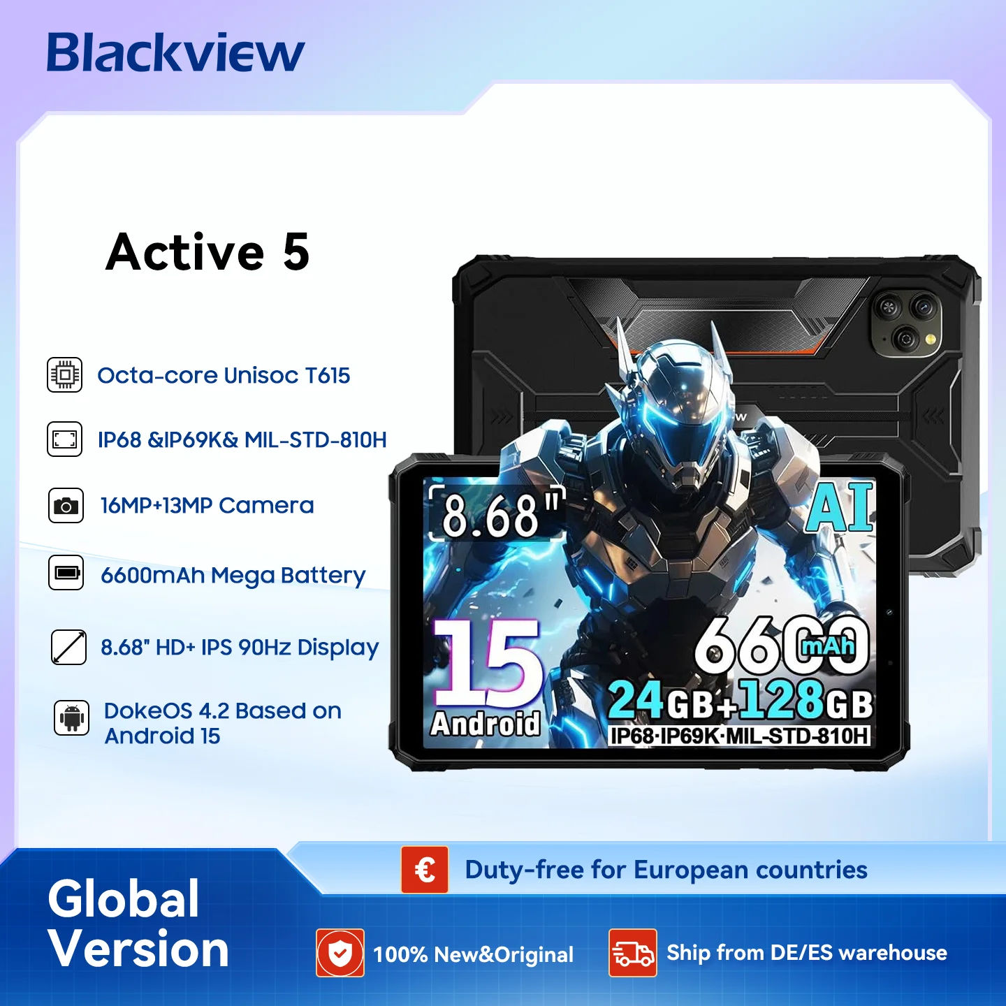 Blackview Active 5 Tablette PC robuste, 8,68 ''HD+ 90 Hz, étanche IP68/IP69K, tablettes Android 15 AI, 8 Go + 128 Go, 6600 mAh/18 W