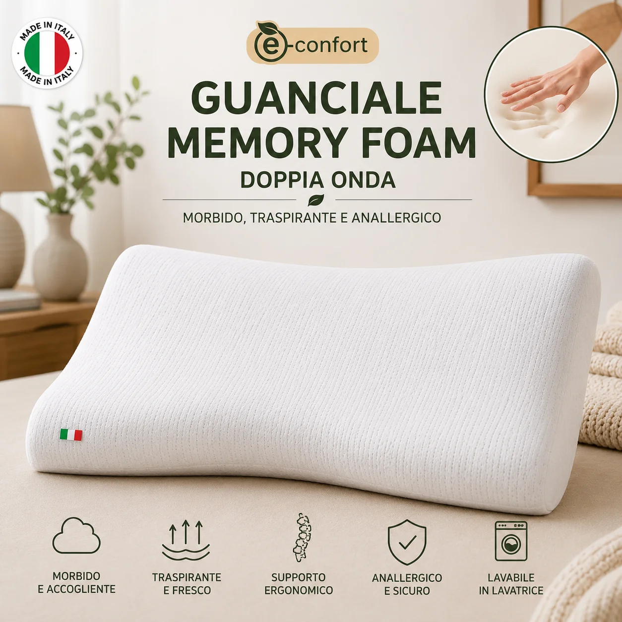 Oreiller ergonomique double en mousse à mémoire de forme ondulée 70x40 cm - Respirant, anti-allergique et rétractable, avec taie d'oreiller lavable