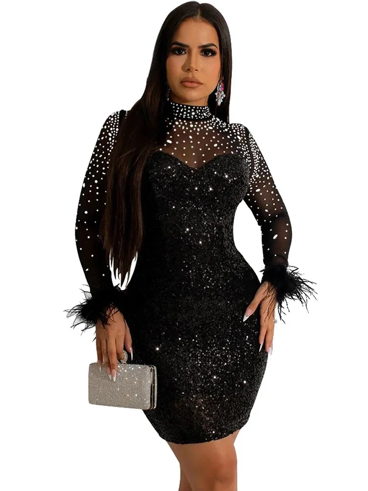 Seksowna siateczka Rhinestone cekiny pióro balowe Mini sukienki przepuszczalne stroje do klubu nocnego Party seksowna odzież klubowa diamentowa krótka sukienka — zdjęcie 2