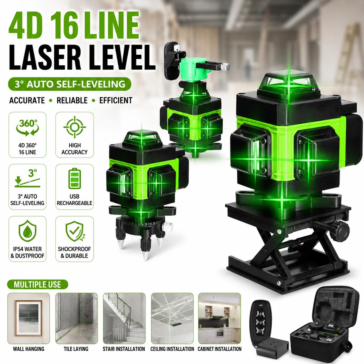 Poziomica laserowa 4D 16 linii samopoziomująca, zielona, ładowana przez USB, 3 ° Poziomica laserowa samopoziomująca, wodoodporna, odporna na wstrząsy, do prac poziomych i pionowych.