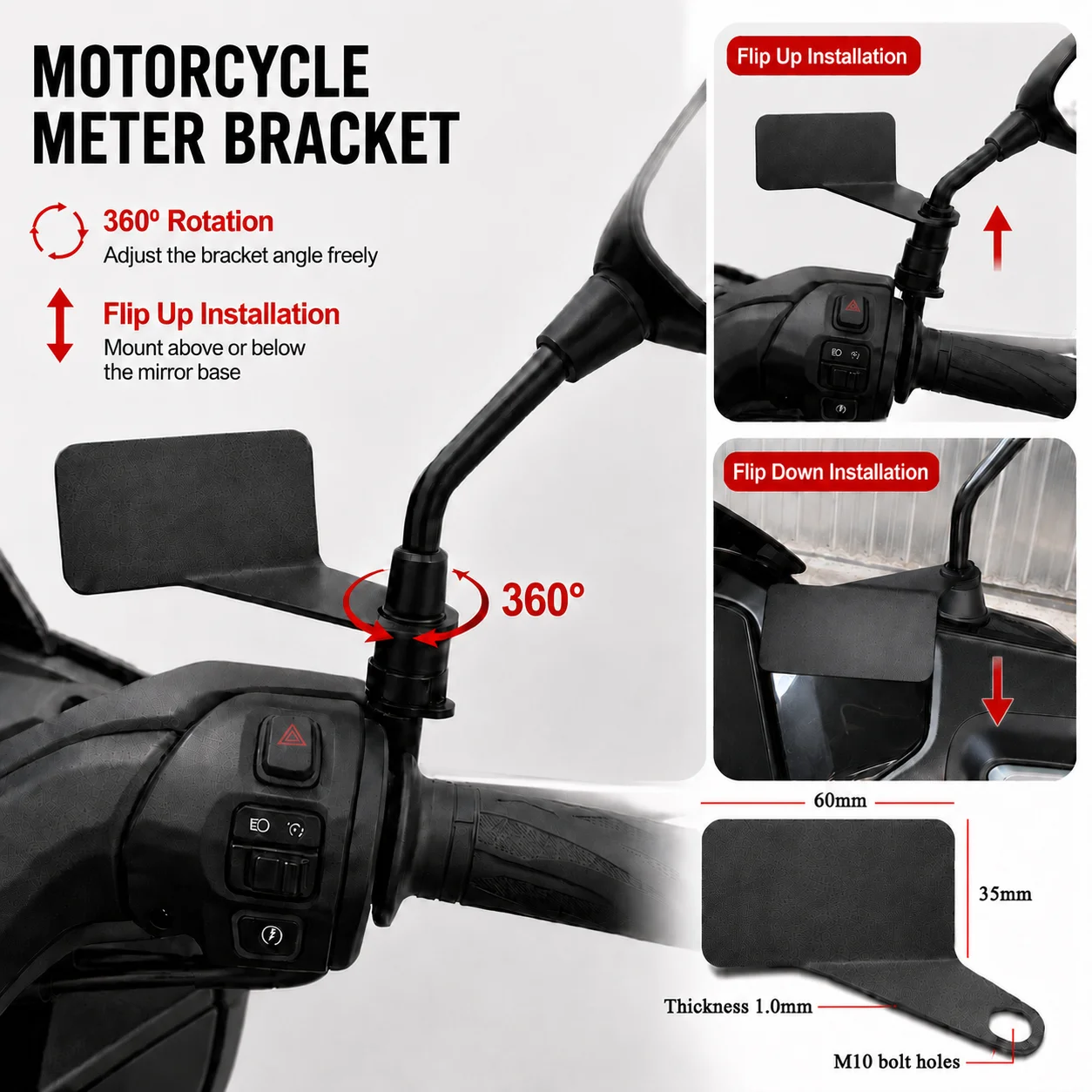 Universal Motorcycle M10 Rearview Mirror Mount Bracket 360° Rotatable Flip Up Down Gauge Holder Iron Materials