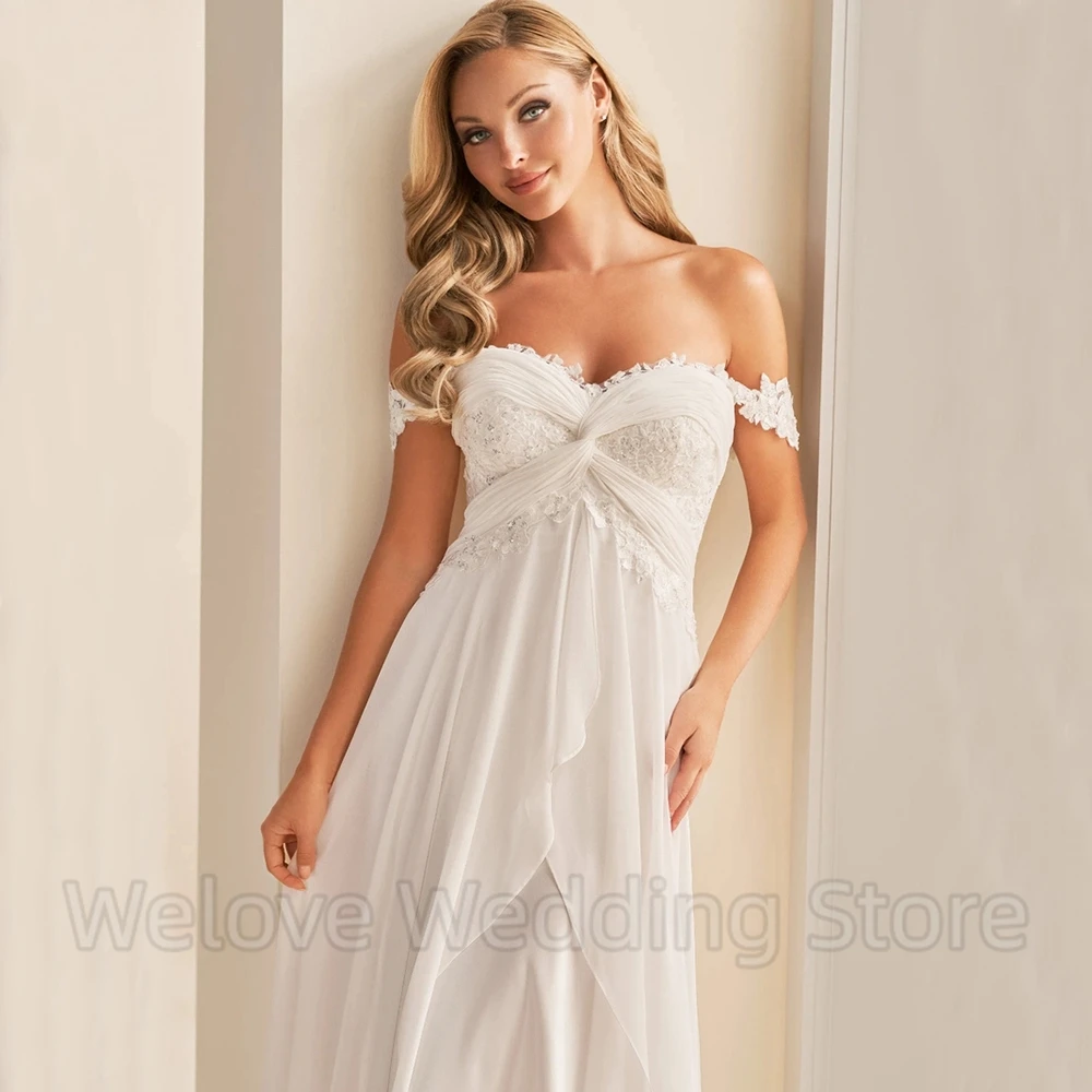 A-lijn Chiffon Trouwjurk Sweetheart Off De Schouder Korte Mouw Applique En Plooi Sexy Open Back Bridal Boho Jurken