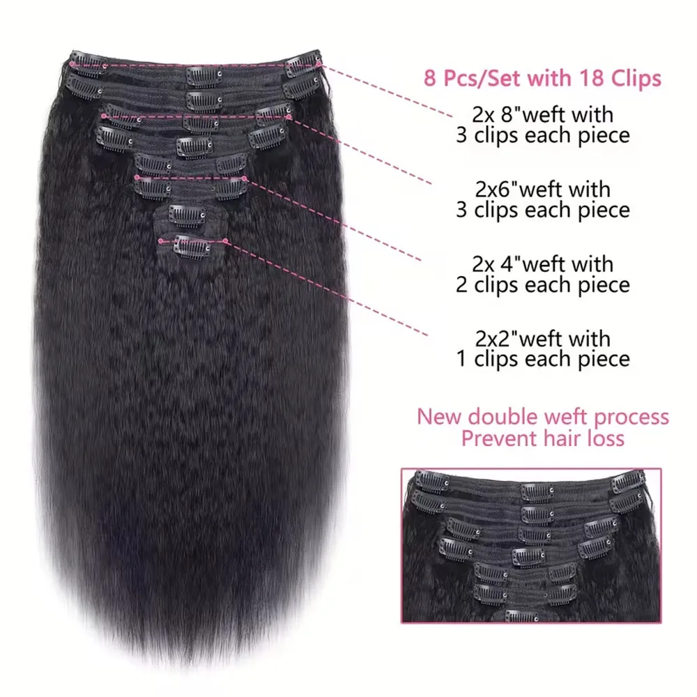 Kinky Straight Clips In Human Hair Extensions Natural Color In Brazilian Remy Human Hair 120G 8Pcs/Set Full Head For Women