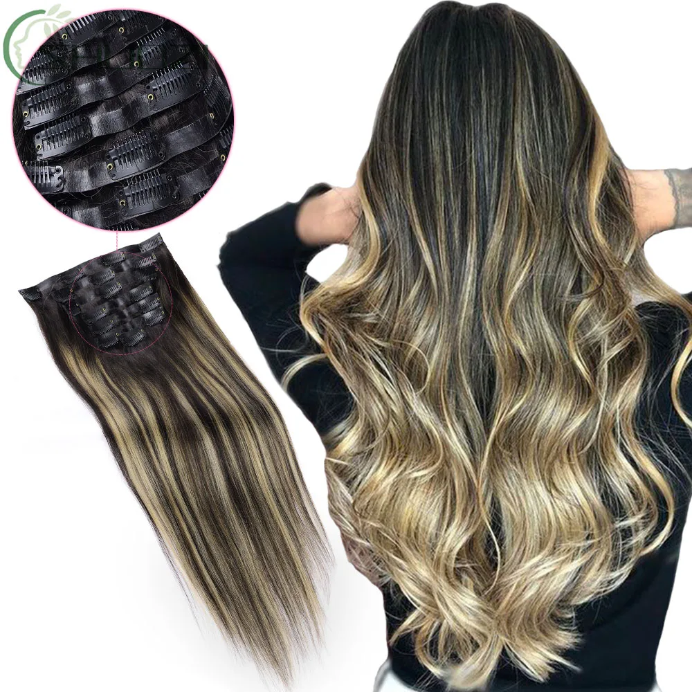 Seamless Clip In Hair Extensions Human Hair Clip On Hair Extensions Real Human Hair Clip Ins Ultra-thin PU Weft Straight 7Pcs