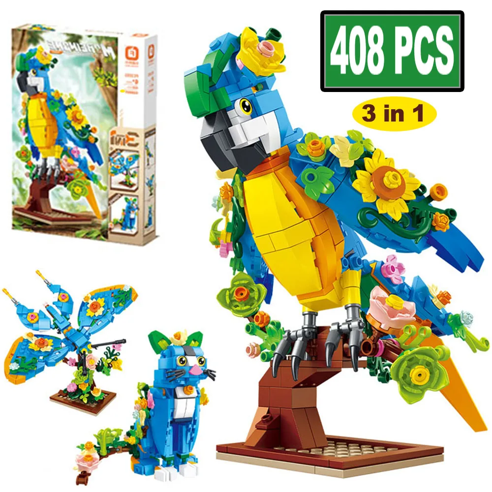 

3 в 1 попугай, бабочка, модель кота, строительный блок, наборы развивающих игрушек, серия джунглей, сборка животных, кирпичи, украшения, подарки для детей