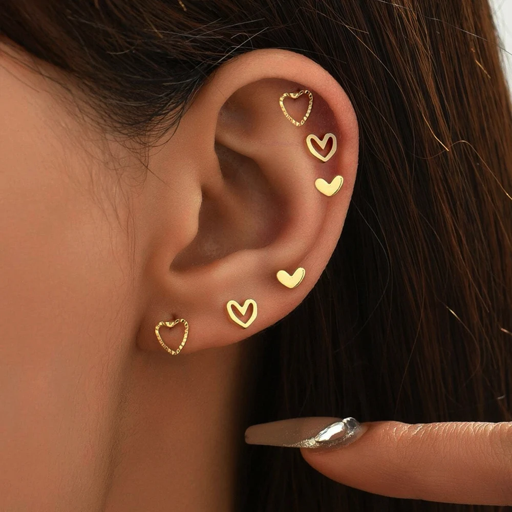 6pcs Set Tiny Love Heart Stud Earrings for Women Fashion Gold Color Metal Hollow Out Daily Wear Cartilage Piercing Ear Jewelry