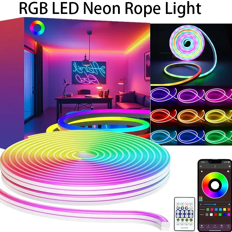 

RGB Neon LED Light Strip USB 5V with Bluetooth APP and Remote, Music Sync Silicone Strip for Room, TV Backlight, Gaming Decor