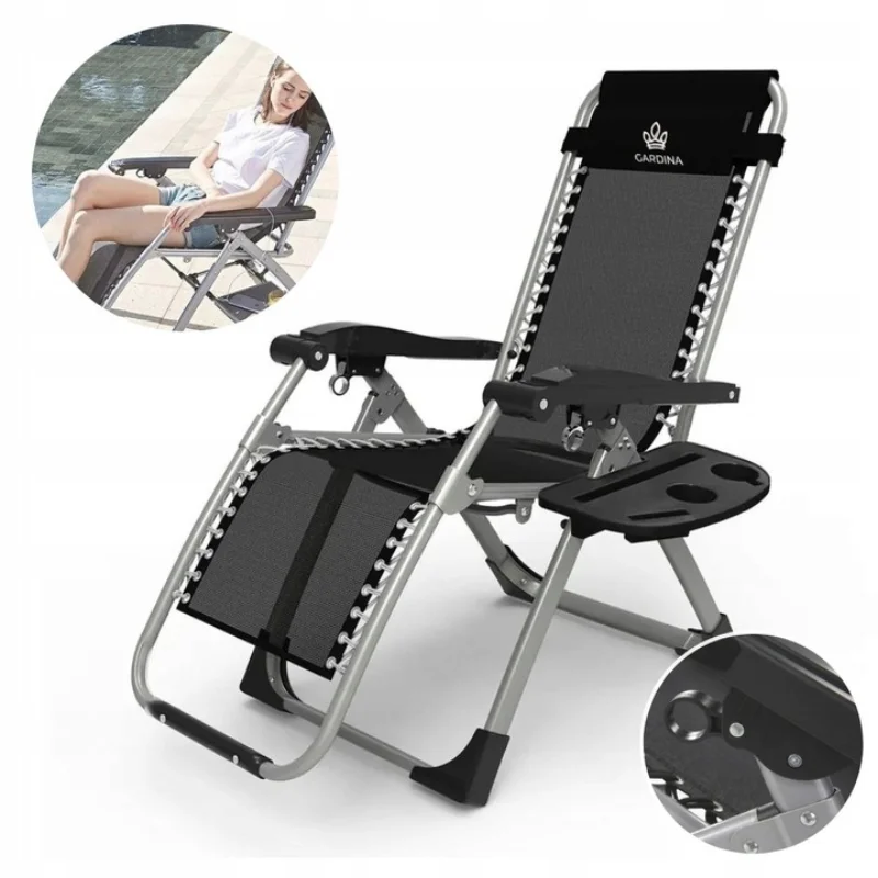 Leżak ogrodowy Gardina Milano czarno-srebrny z podstawką na napoje, telefon